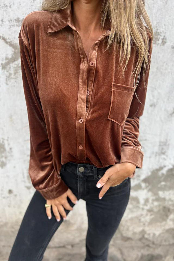 Solid Velvet Long-sleeved Single-breasted Loose Pocket Shirt