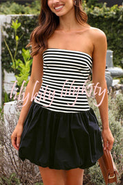 Stripe Print Paneled Pleated Tube Top Mini Dress