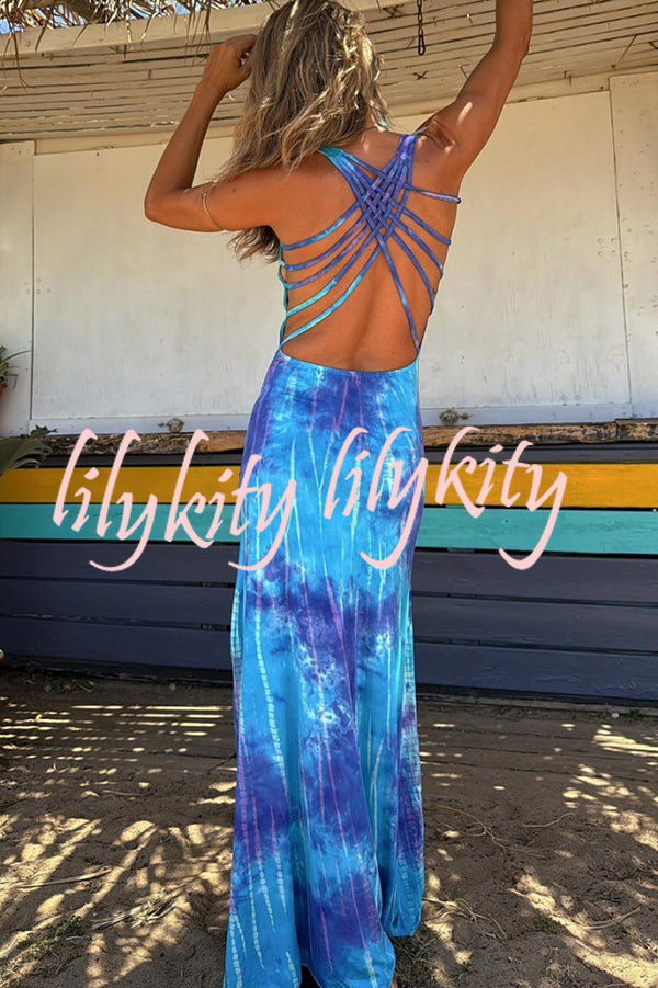 La Bamba Tie-dye Print Back Lace-up Stretch Maxi Dress