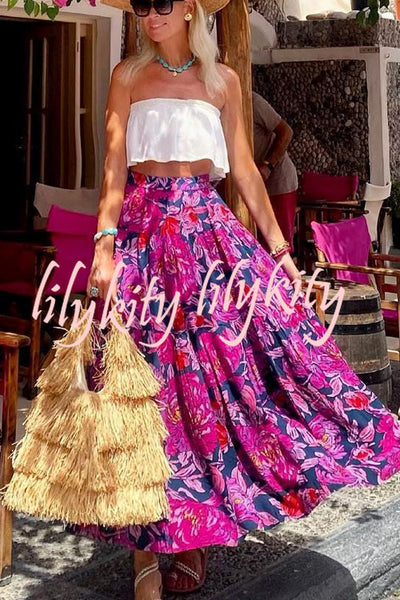 Floral Fantasy Printed High Rise  Back Elastic Waist Maxi Skirt