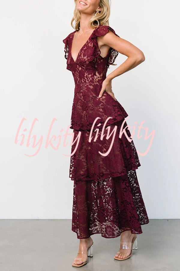 Solid V-neck Ruffled Sleeves Cinched Waist Maxi Dress