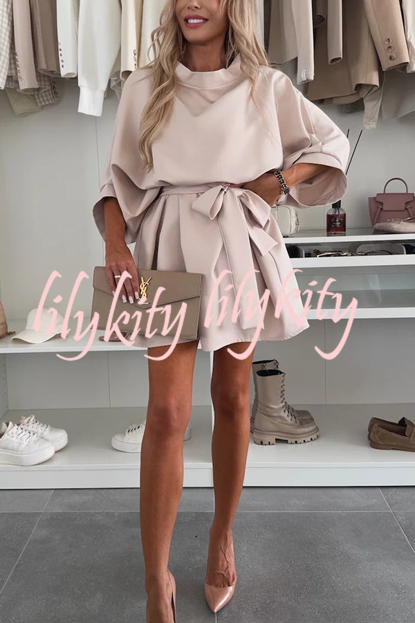 Solid Color Loose Round Neck Belted Mini Dress
