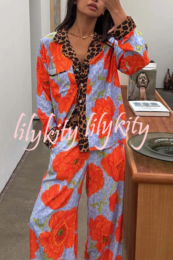 Color-block Poppy Leopard Print Trim Loose Shirt and Elastic Waist Pocketed Pajama Set