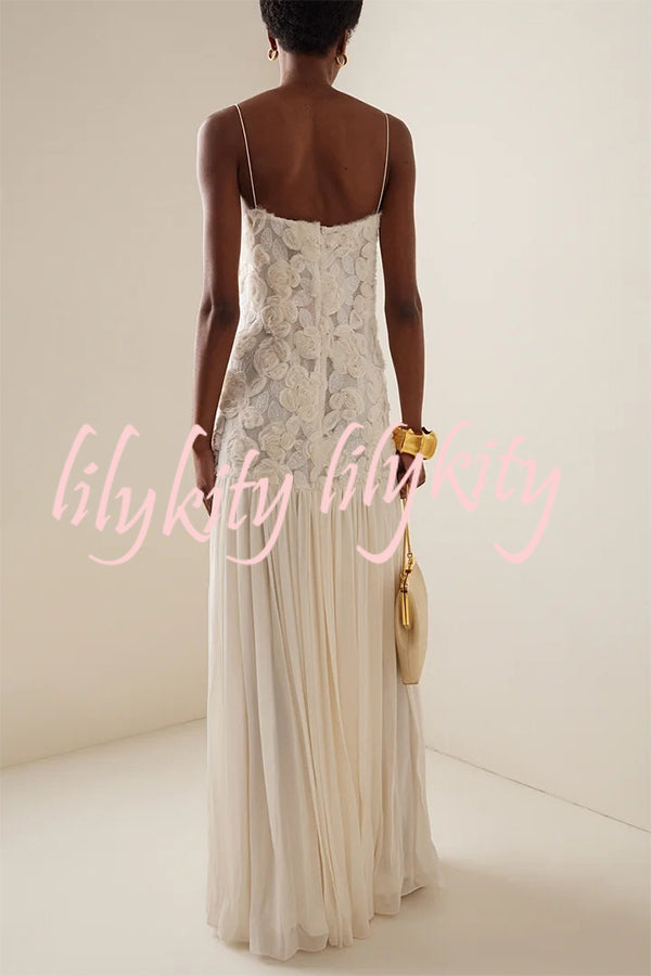 Indulge in Floral Applique Pleated Chiffon Hem Slip Maxi Dress