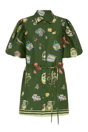 Linen Blend Unique Print Puff Sleeve Casual Mini Dress