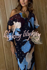 Mara Pleated Fabric Metallic Speckled Color Block Print One Shoulder Maxi Dress