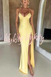 Satin Solid Color Sexy Backless Lace Up High Slit Maxi Dress