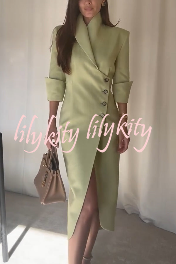Elegant Look Linen Blend Stand Lapel Neck Half Sleeve Side Button Midi Dress