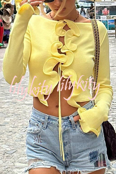 Fashion Ruffled Long-sleeved Tie-cropped Knitted Cardigan