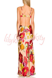 Hawaiian Dreams Satin Floral Print Cutout Backless Maxi Dress