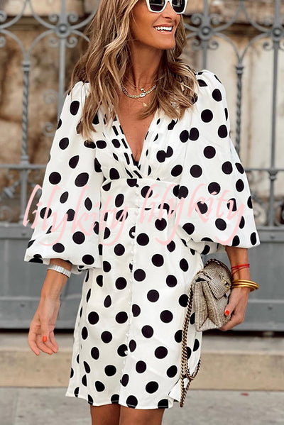 Always The One Polka Dot Button Puff Sleeve Mini Dress