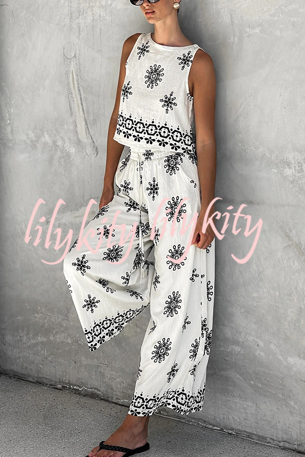 Unique Printed Round Neck Sleeveless Button Top and Elastic Waist Pocket Wide Leg Pants Set