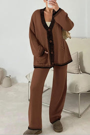 Fashion Casual Knitted Long Sleeve Pocket Cardigan and Elastic Waist Loose Wide Leg Pants Set