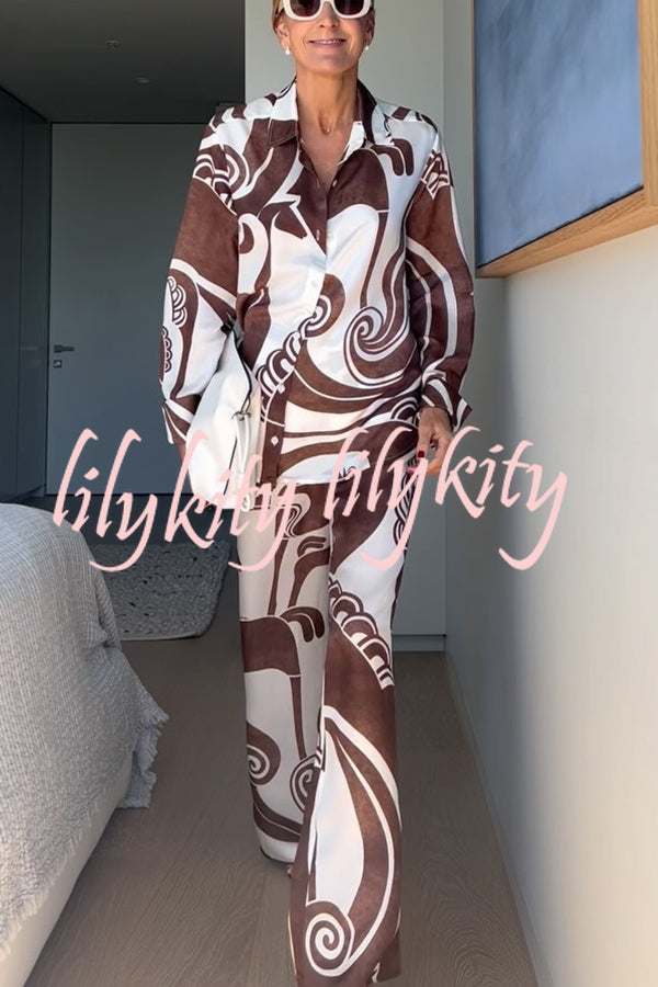 Oceanfront Views Unique Print Long Sleeve Loose Shirt and Elastic Waist Pocketed Pants Set