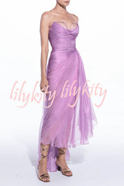 Julie Tulle Lace Trim Off Shoulder Ruched Back Lace-up Drape Slit Maxi Dress