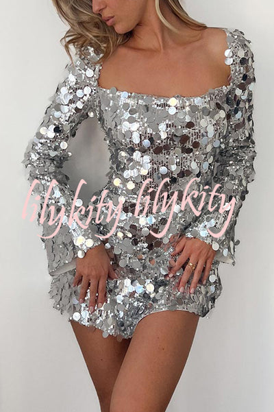Bring The Disco Large Sequins Square Neck Long Bell Sleeve Backless Slit Mini Dress