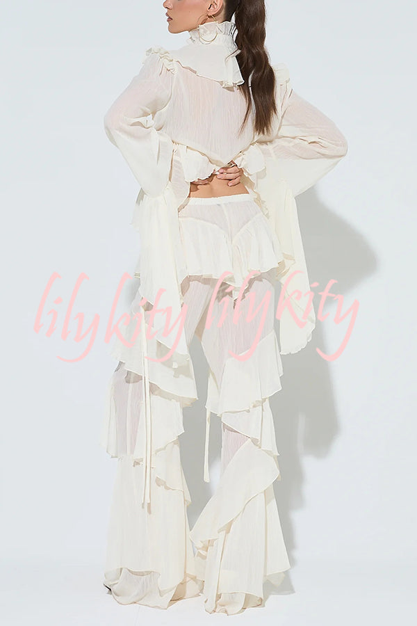 Fashionable Ruffled Elastic Waist Holiday Style Flared Pants
