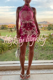 Artistic Flavor Linen Blend Printed Orchid Shape Halter Mini Dress