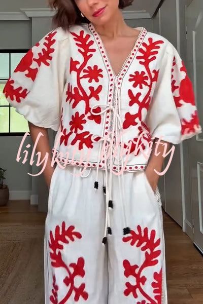 Till Sunset Linen Blend Unique Print Lace-up Puff Sleeve Shirt