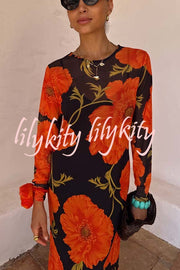 Perfect Cross-season Mesh Poppy Flower Print Long Sleeve Stretch Maxi Dress