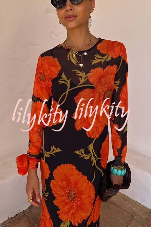 Perfect Cross-season Mesh Poppy Flower Print Long Sleeve Stretch Maxi Dress