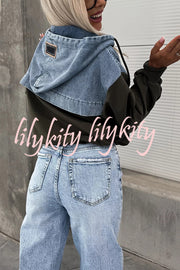 All The Time Denim Patchwork Soft Fabric Kangaroo Pocket Loose Hoodie