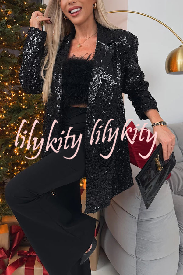 Chic Party Season Sequin Button Long Sleeve Lapel Oversized Blazer Jacket