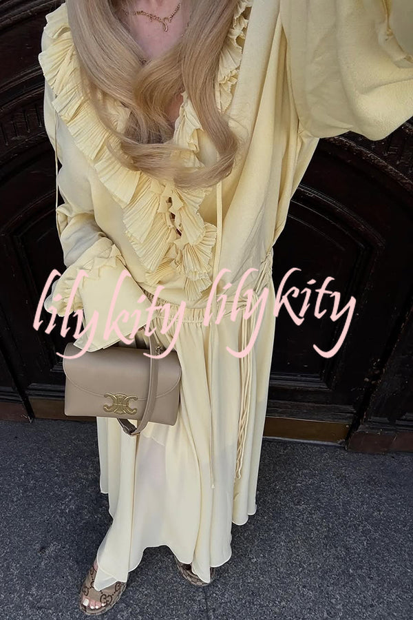Solid Color Pleated Ruffled Tie Long Sleeve Loose Shirt