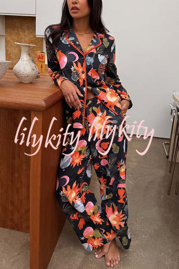 Evening Routine Unique Print Color-block Trim Loose Shirt and Elastic Waist Pocketed Pajama Set