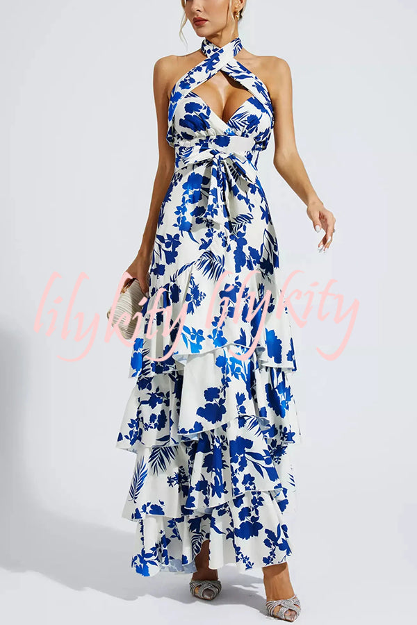 Gorgeous Styling Botanical Print Halter Neck Open Back Tiered Hem Maxi Dress