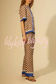 Olivia Satin Checkerboard Colorblock Print Shirt and Elastic Waist Pocketed Loose Pants Set