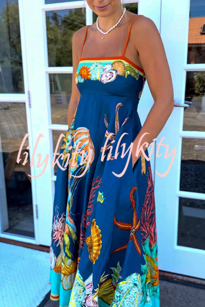 Linen Blend Unique Print Suspenders Back Pleated Pocket Resort Style Maxi Dress