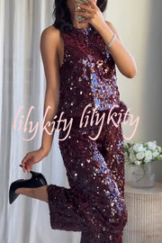 Gala Goddess Sequin Faux Fur Trim Crew Neck Sleeveless Loose Top