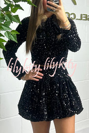 Solid Velvet Sequined Long Sleeve Tie Top and Seersucker Mini Skirt Set