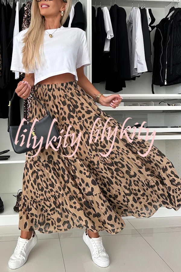 Unique and Comfortable Leopard Print Elastic Waist A-line Layered Maxi Skirt