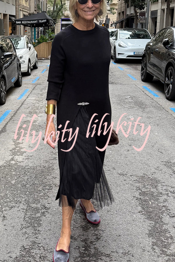 Jollie Knit Long Sleeve Front Slit Midi Sweater and Pleated Tulle Stretch Tank Midi Dress Two-piece Set