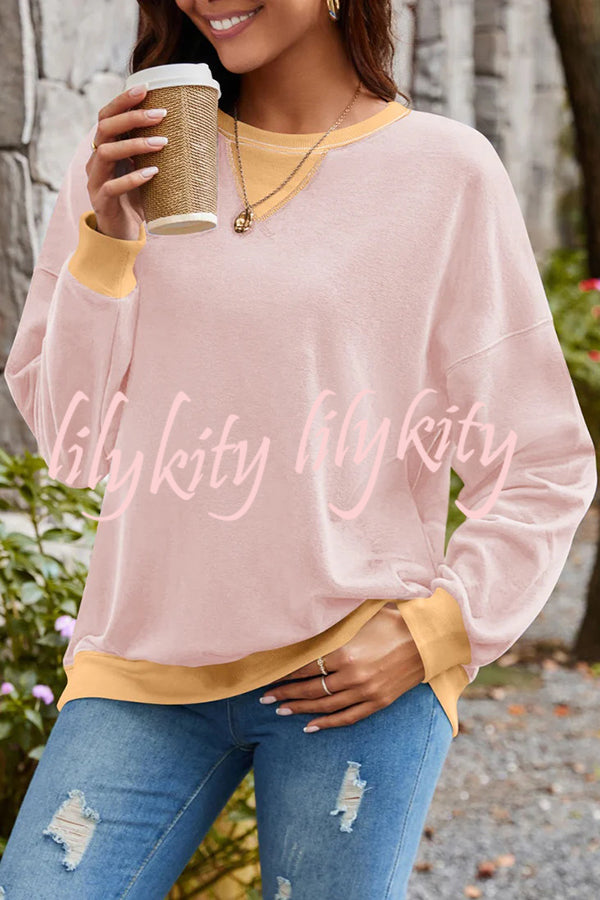 Fashionable Contrasting Color Loose Long-sleeved Casual Sweatshirt