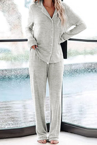 Home-style Loose-fitting Long-sleeved Pocket Shirt and Elastic Waist Casual Pants Set