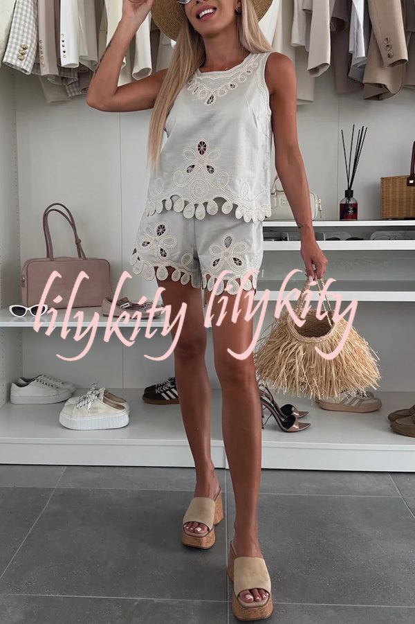 Angie Embroidery Cut-out Sleeveless Top and Elastic Waist Loose Shorts Set