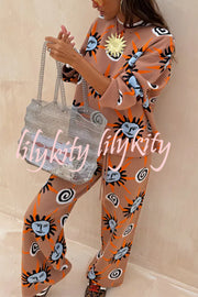 Mediterranean Art Knit Unique Sun Vortex Print Elastic Waist Wide Leg Pants