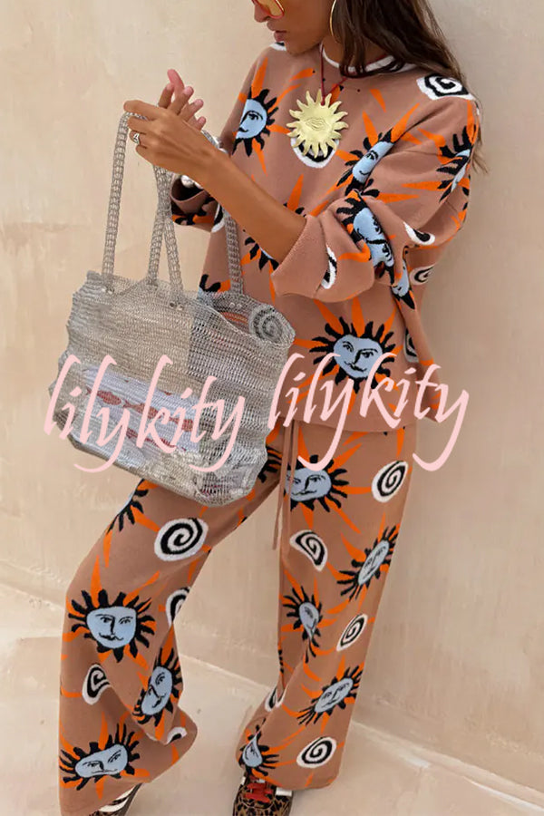 Mediterranean Art Knit Unique Sun Vortex Print Elastic Waist Wide Leg Pants