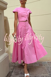 Solid Color Round Neck Button Crop Top and Elegant High Waist Slit Maxi Skirt Set