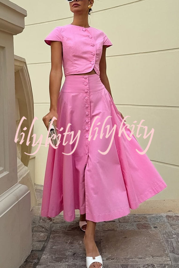 Solid Color Round Neck Button Crop Top and Elegant High Waist Slit Maxi Skirt Set