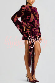 Night Out Velvet Paisley Print Long Sleeve Tie-up Tassel Loose Mini Dress