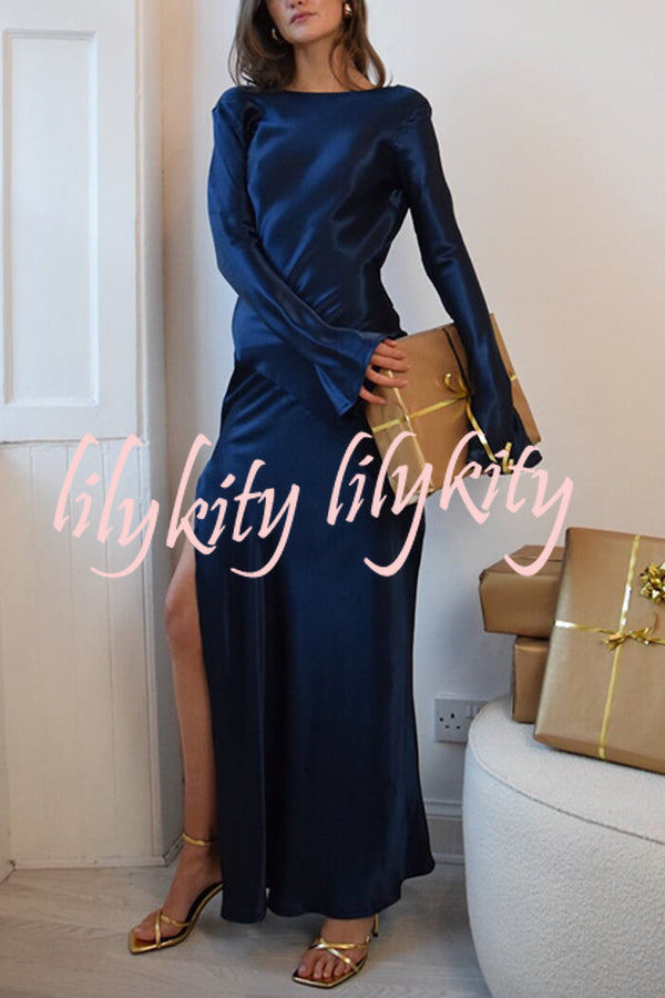 Satin Elegant Long-sleeved Open-back Slim-fit Slit Maxi Dress