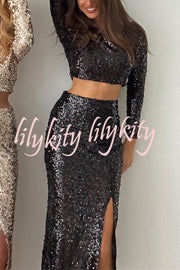 Solid Sequined Long-sleeved Crop Top and Sexy Slit Midi Skirt Set