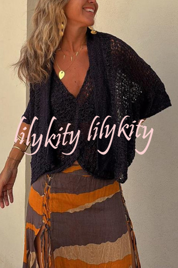 Fashionable Vacation Knit Hollow Bat Sleeve Loose Cardigan