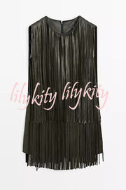 Modern Times Faux Leather Layered Tassel Design Sleeveless H-line Mini Dress