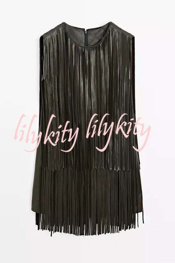 Modern Times Faux Leather Layered Tassel Design Sleeveless H-line Mini Dress