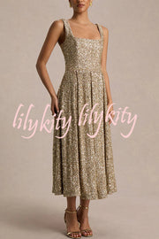 Effortless Sparkle Sequin Square Neck Wide Strap A-Line Midi Dress